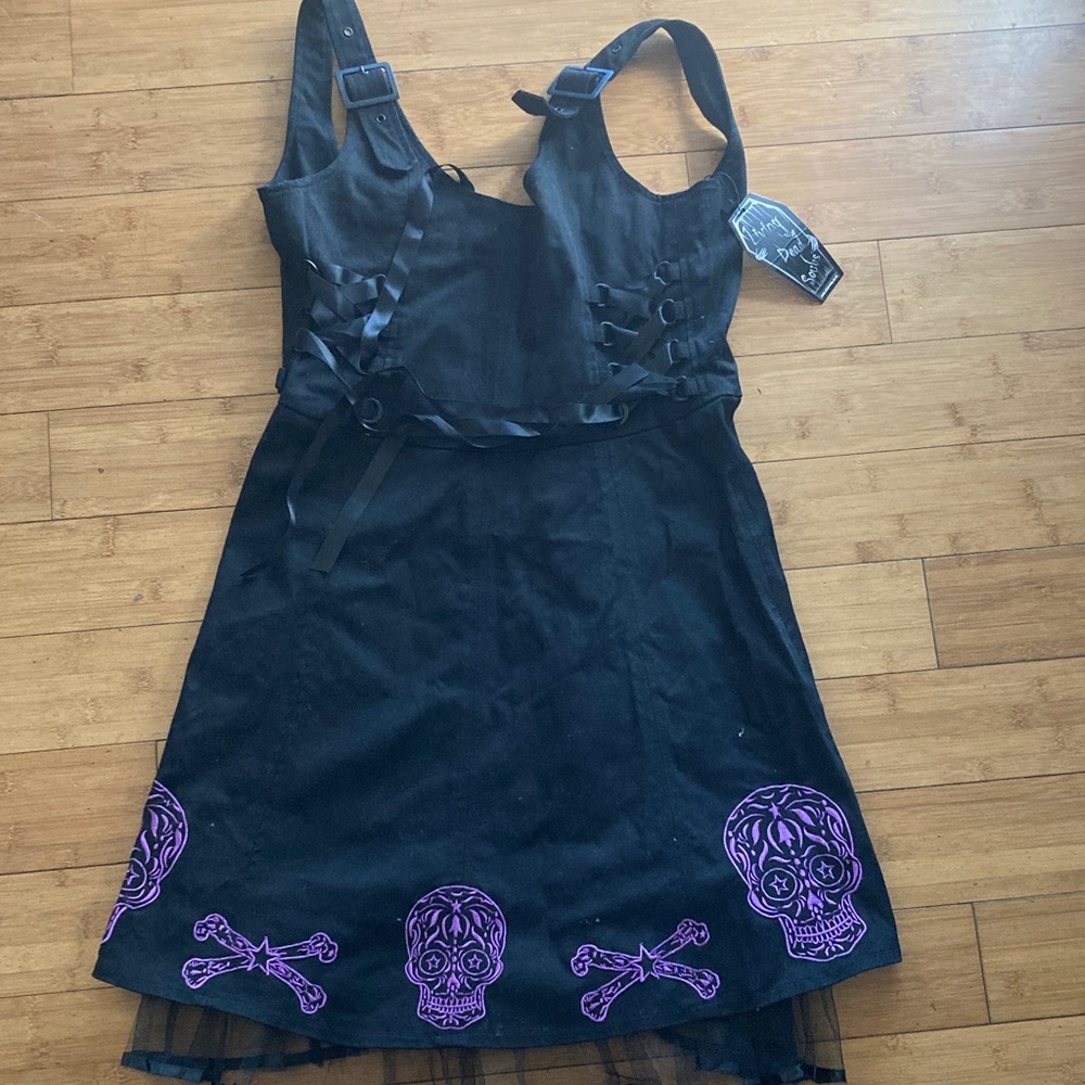Edgy Black Dress with Purple Skull Accents